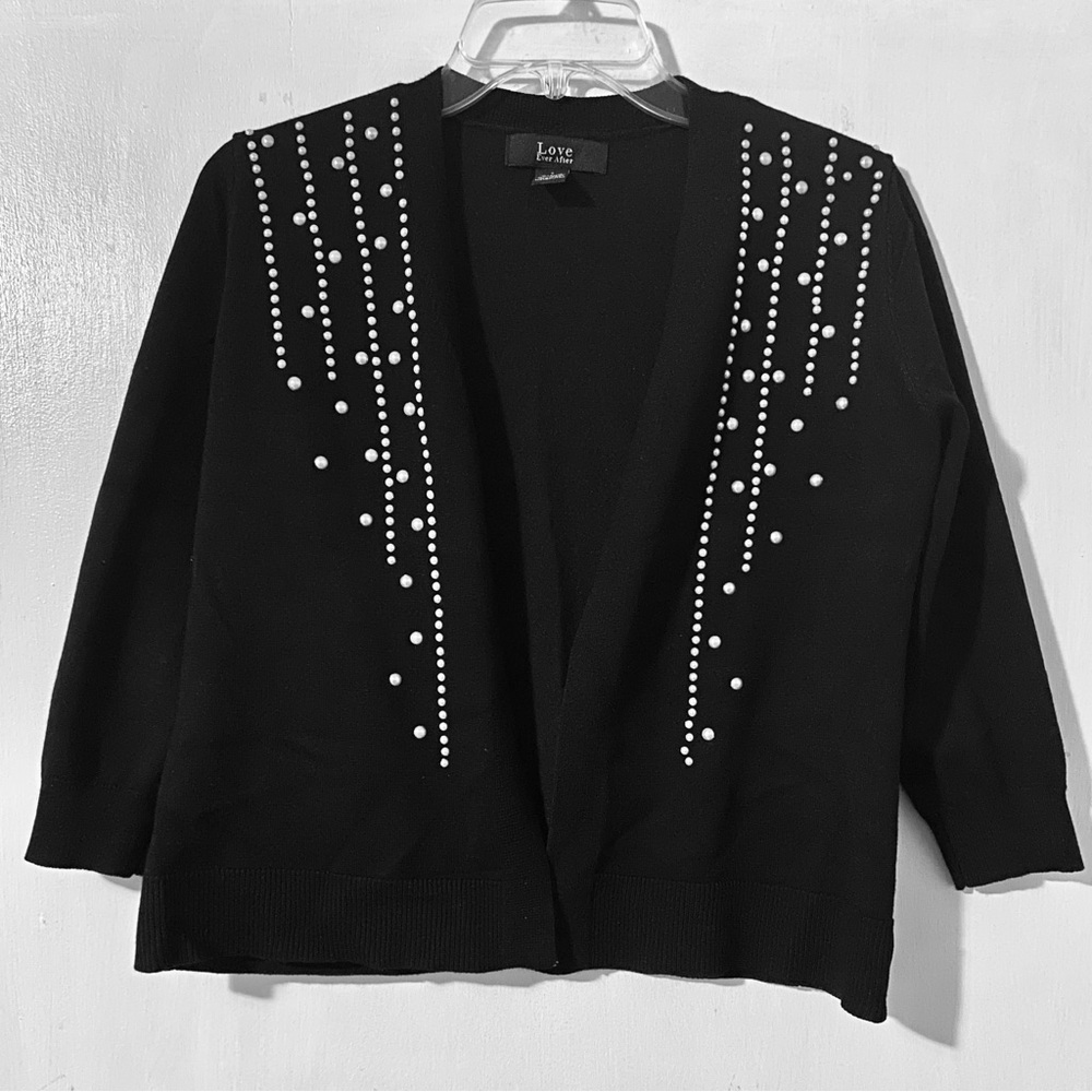 Black Open Front Cardigan With Pearls Accents